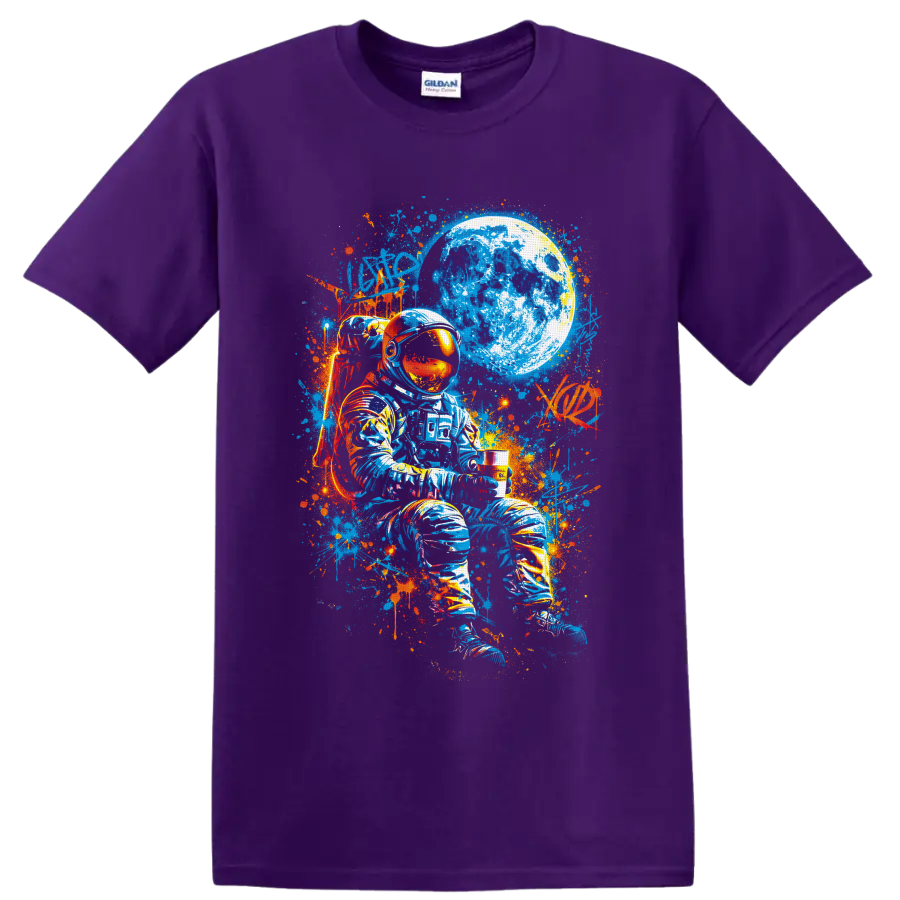 Seated astronaut beneath a cratered moon in vivid blue and orange graffiti art on a Purple T Shirt