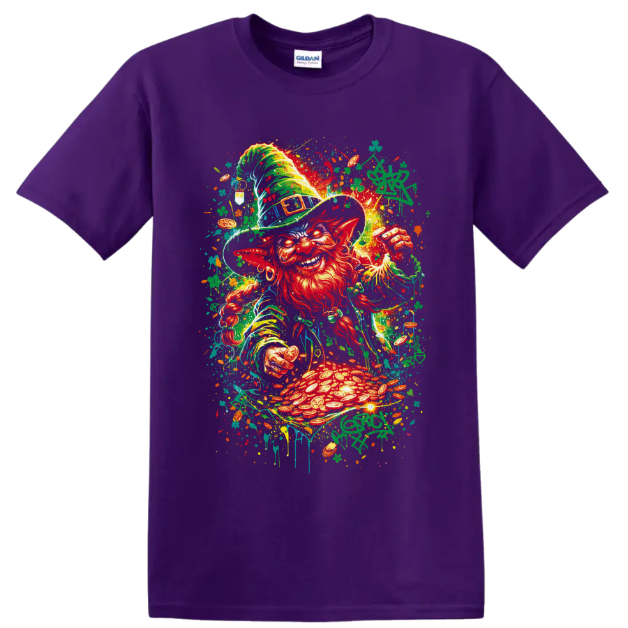 Graffiti-style leprechaun with shamrocks, gold coins, and glowing pot of gold on a Purple T Shirt