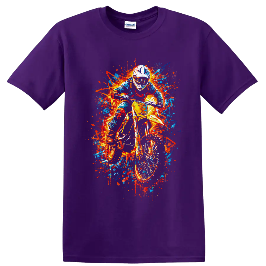 Helmeted motocross rider on dirt bike in neon graffiti paint-splash art on a Purple T Shirt