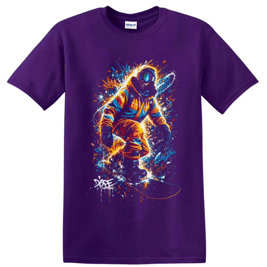 Neon graffiti snowboarder in goggles carving through glowing blue and orange snow spray on a Purple T Shirt