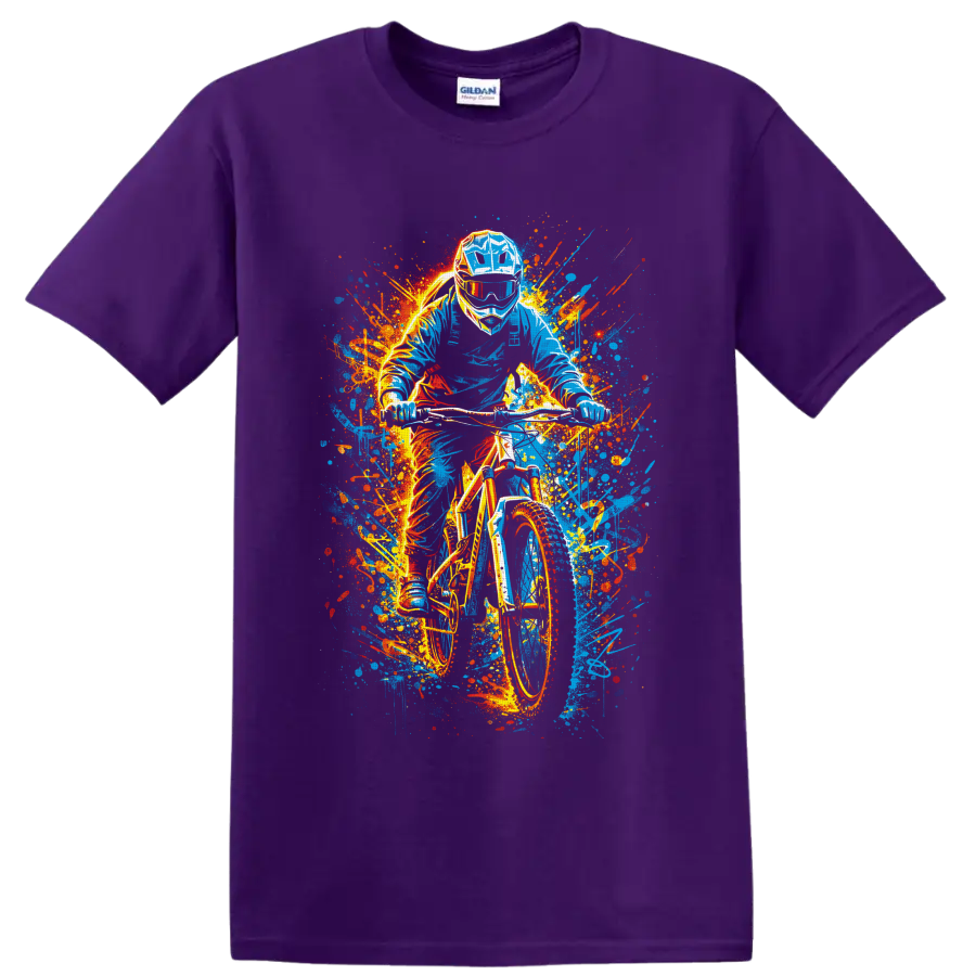 Helmeted motocross rider on dirt bike in vivid graffiti-style paint splashes on a Purple T Shirt
