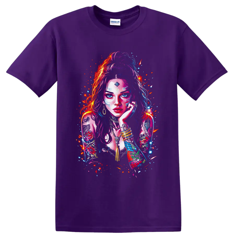Neon futuristic portrait of a tattooed woman with blue eyes, jewelry, and floral arm art on a Purple T Shirt