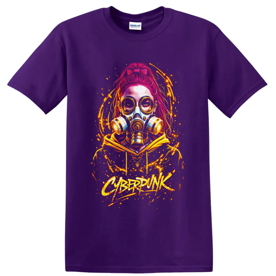 Cyberpink pink-haired woman in gas mask with neon orange graffiti energy arcs on a Purple T Shirt