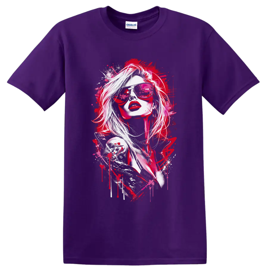 Red fashion portrait in reflective sunglasses with paint splatter street art on a Purple T Shirt