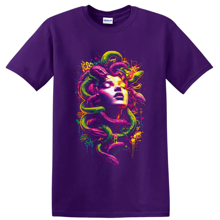 Neon Medusa-inspired portrait with coiling pink and green snakes in graffiti art on a Purple T Shirt