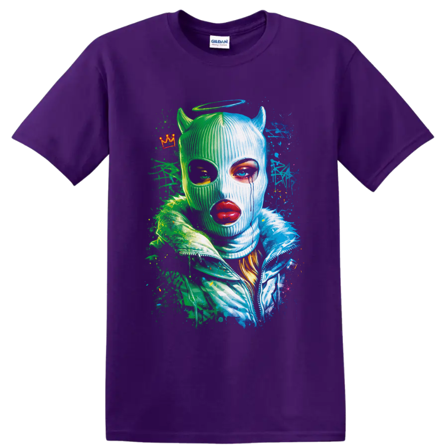 Neon green and blue horned masked portrait with halo, crown, and splatter art on a Purple T Shirt