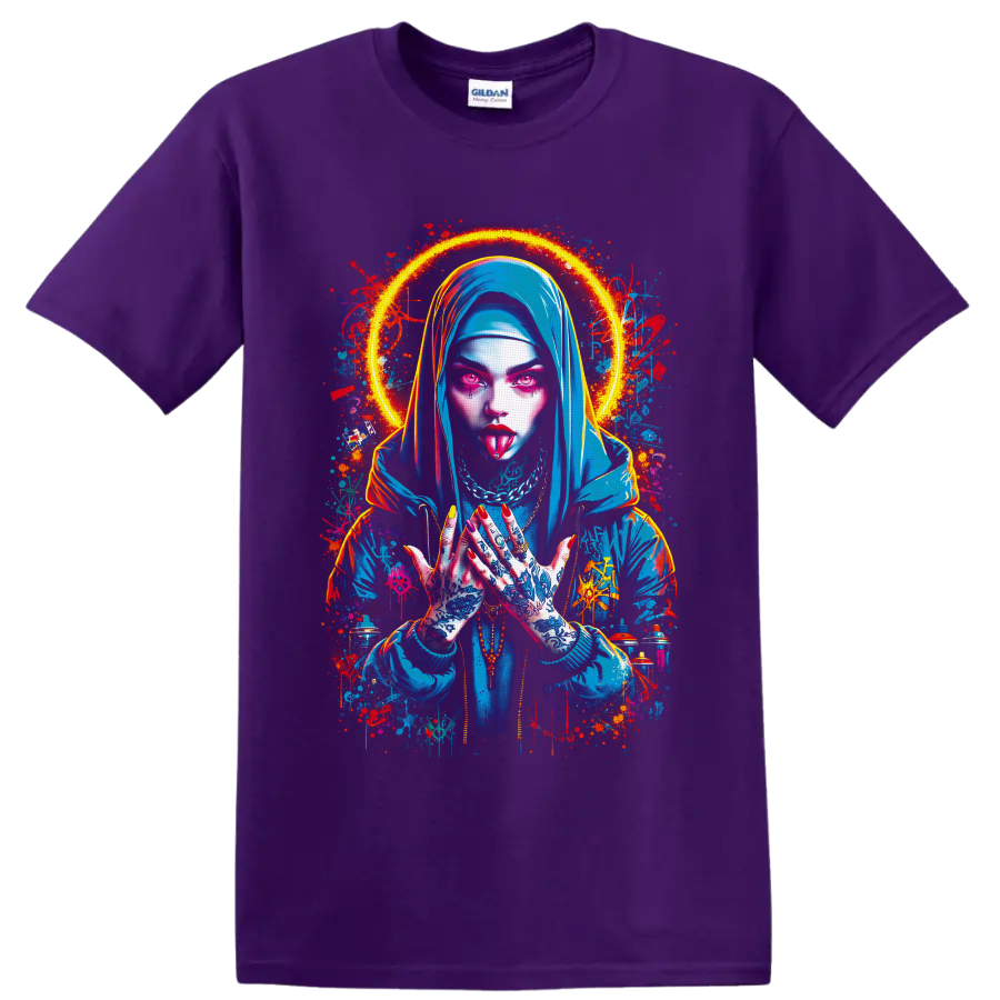 Neon tattooed gothic woman in a blue hood with a glowing halo and graffiti splashes on a Purple T Shirt