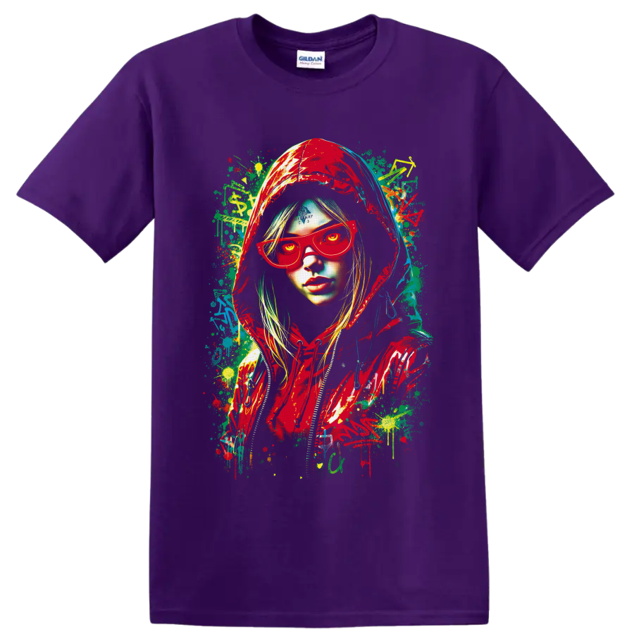 Hooded woman in red sunglasses with colorful graffiti paint splatter portrait on a Purple T Shirt