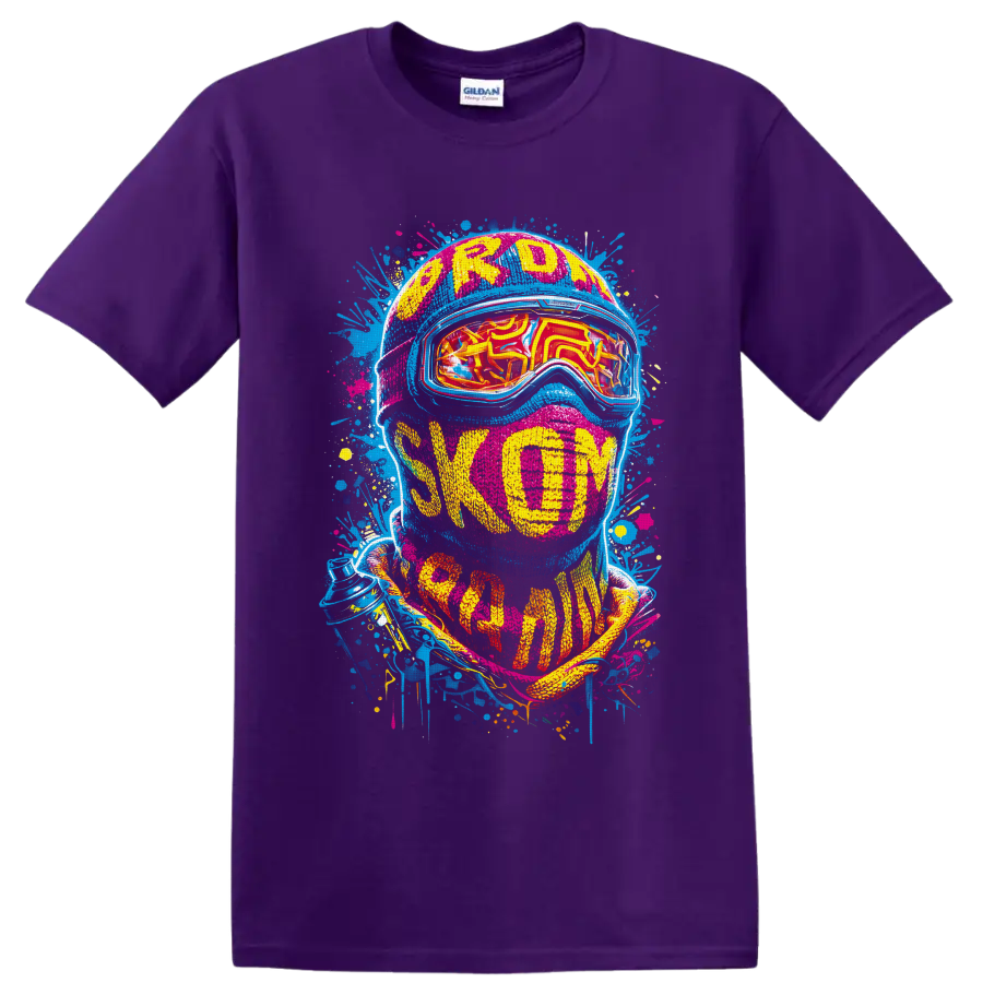 Neon graffiti helmeted skier portrait with reflective goggles and Freedom text on a Purple T Shirt
