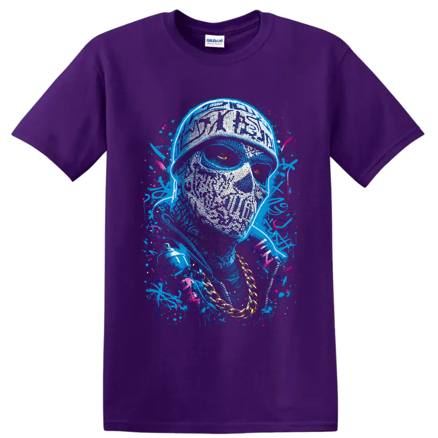 Graffiti-style skull portrait with red eyes, gold chain, spray can, and paint splatters on a Purple T Shirt