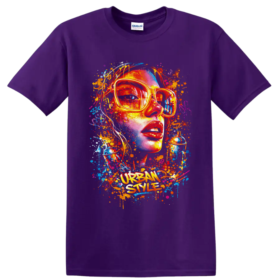 Graffiti-style woman portrait in sunglasses with spray cans and Urban Style text on a Purple T Shirt