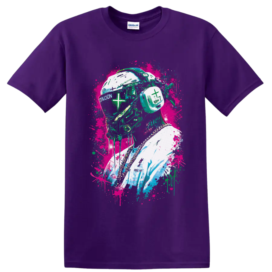 Cyberpunk helmeted portrait with neon graffiti splatters and mechanical details on a Purple T Shirt