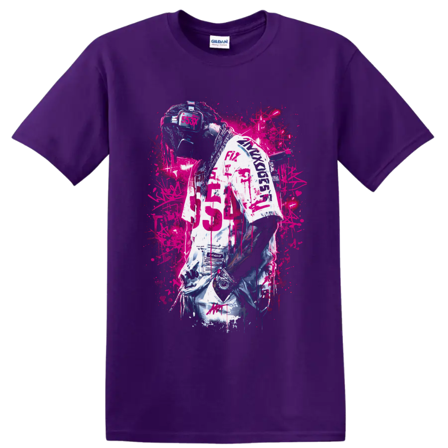 Cyberpunk DJ portrait with visor headset, chains, jersey, and neon pink graffiti on a Purple T Shirt