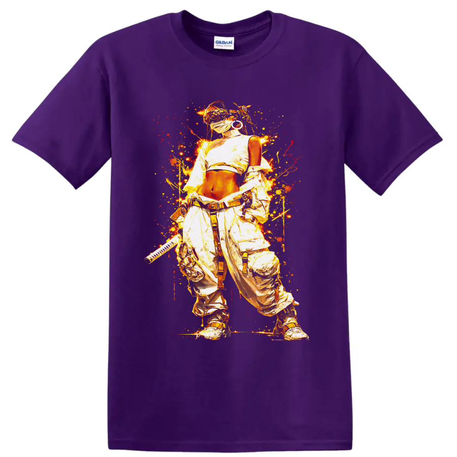 Cyberpunk masked ninja warrior with katana in fiery gold graffiti splatter art on a Purple T Shirt