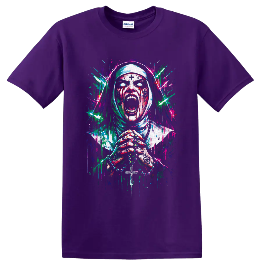 Neon splatter art of a screaming zombie nun holding rosary beads and a cross on a Purple T Shirt