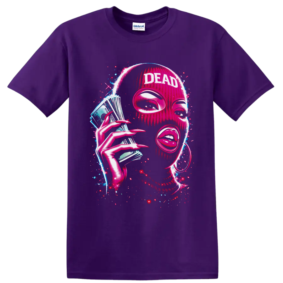 Neon pink masked portrait with DEAD text, cash fan, long nails, and electric splatter art on a Purple T Shirt