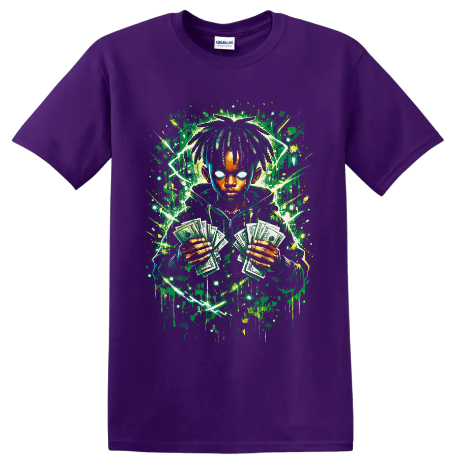 Neon graffiti portrait of a dreadlocked figure holding fanned dollar bills on a Purple T Shirt