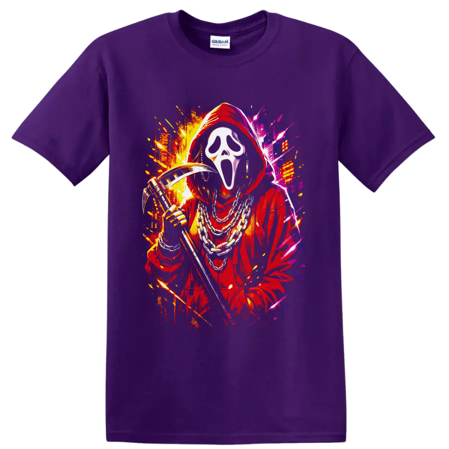 Ghostface in red hood with chains and reaper blade in neon splatter street art on a Purple T Shirt