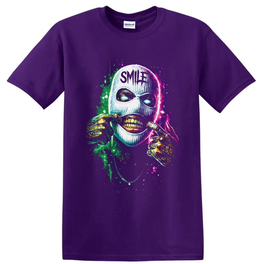 Neon masked skull grin with skeletal hands and Smile text in splatter art on a Purple T Shirt