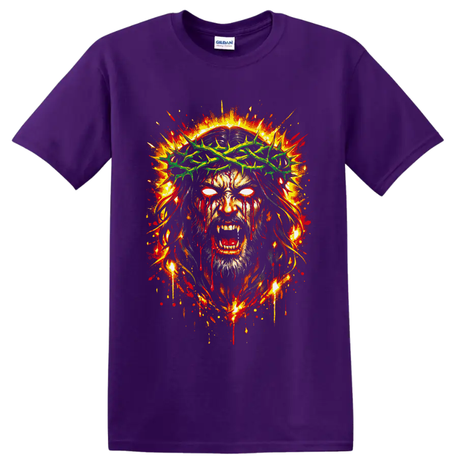 Zombie Jesus portrait with green crown of thorns, glowing eyes, and fiery gothic splatter on a Purple T Shirt