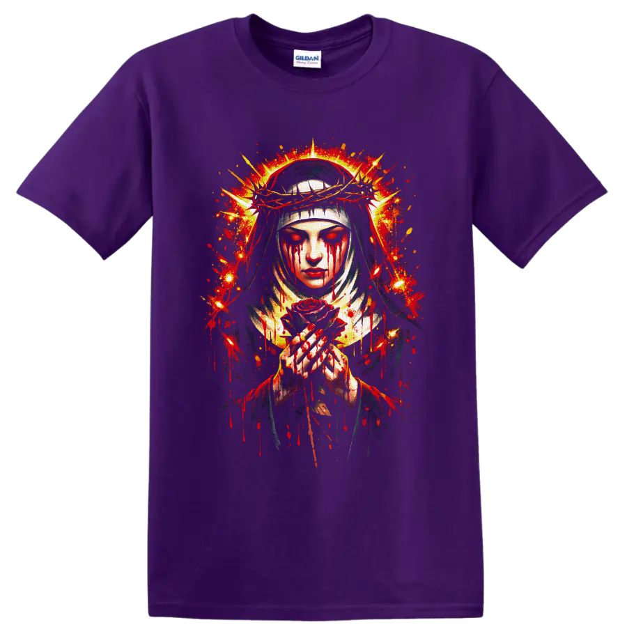 Gothic veiled woman with crown of thorns, crimson tears, red rose, and halo splatter art on a Purple T Shirt