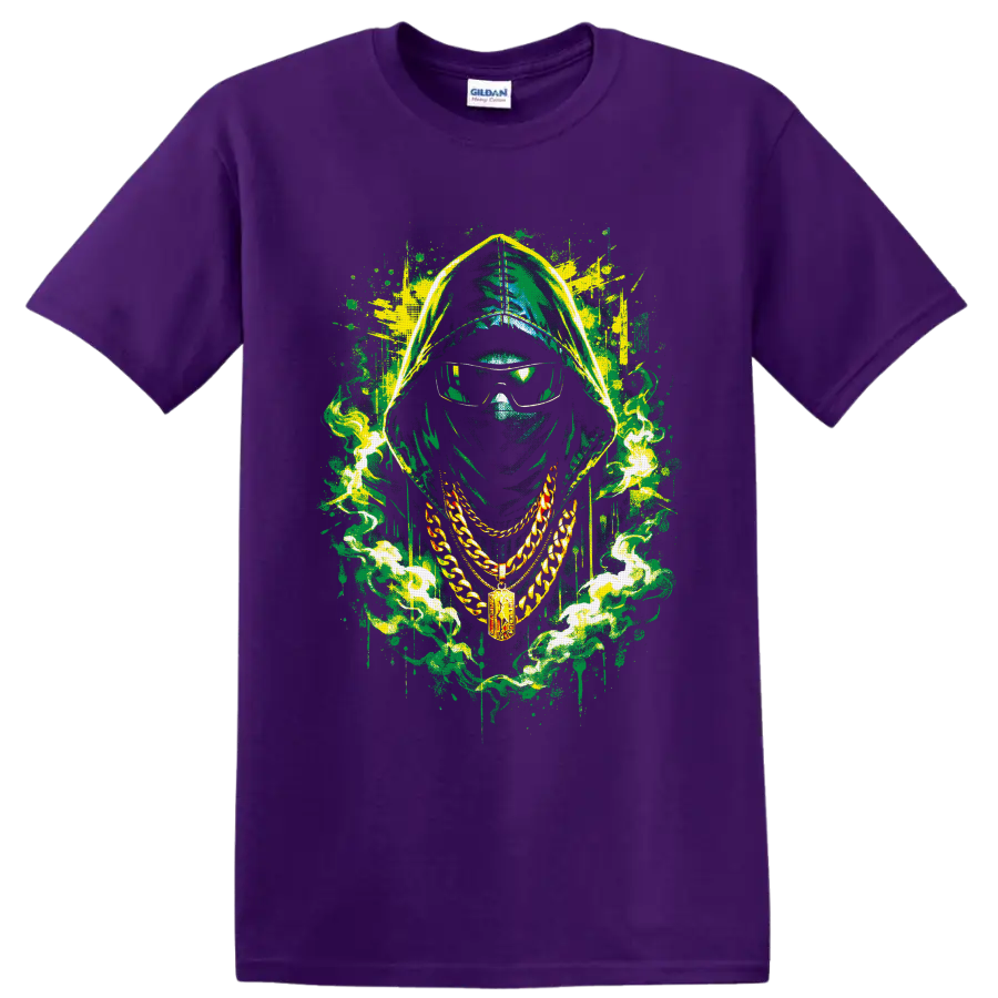Hooded masked figure with sunglasses, gold chains, and neon graffiti smoke on a Purple T Shirt