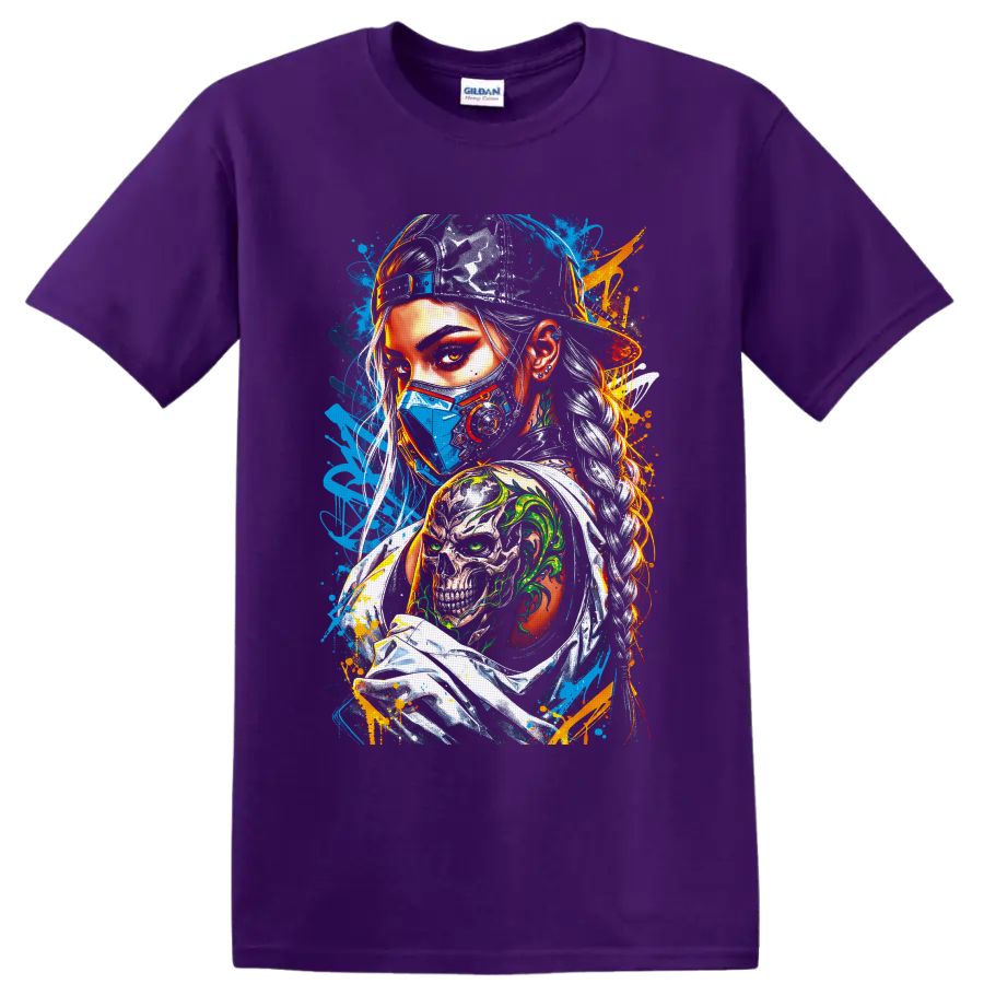 Cyberpunk masked woman portrait with blue respirator mask, skull tattoo, and neon graffiti on a Purple T Shirt