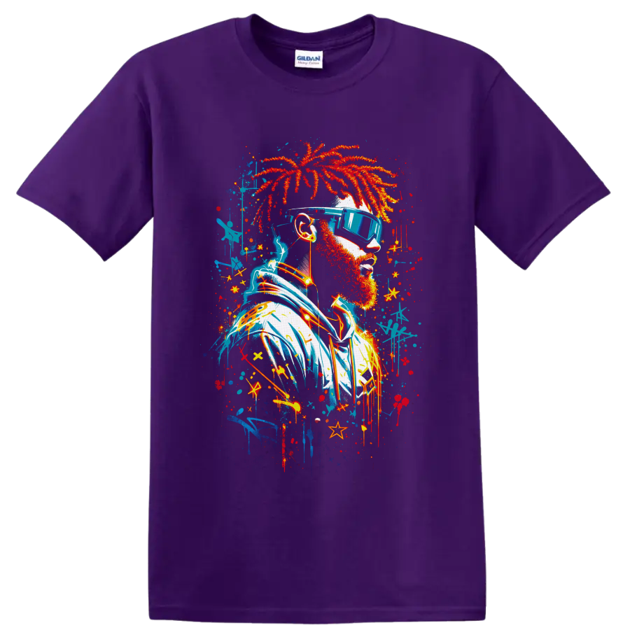 Graffiti-style bearded portrait with red dreadlocks, blue sunglasses, headphones, and on a Purple T Shirt