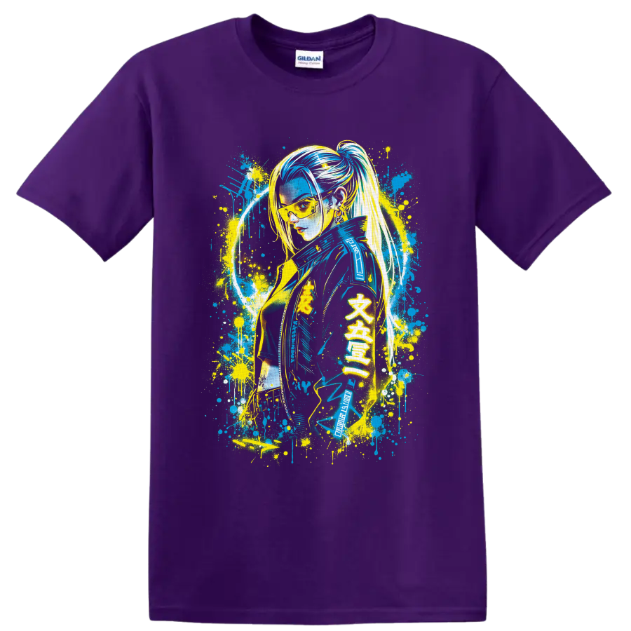 Female V cyberpunk graffiti portrait with neon splatter art on a Purple T Shirt