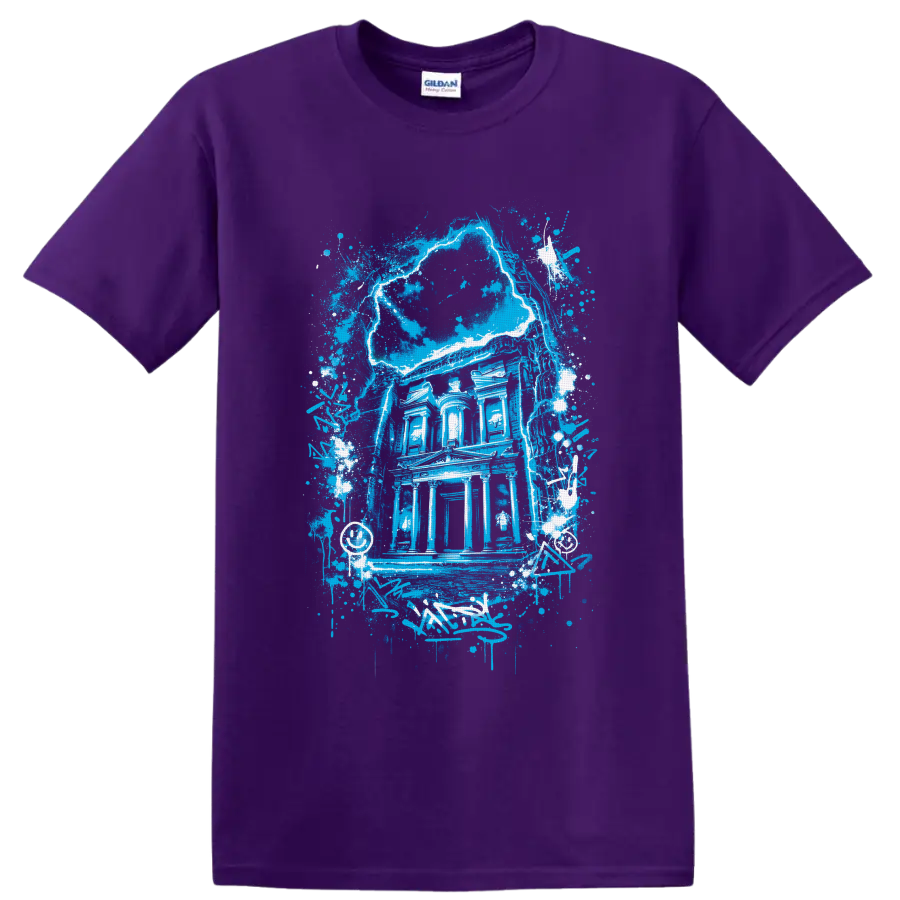 Electric-blue Gothic mansion with cracked moon, paint splatters, and graffiti accents on a Purple T Shirt