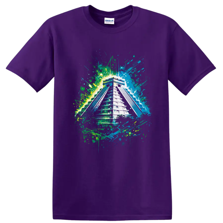 Mayan-inspired stepped pyramid in neon tropical graffiti paint splatter art on a Purple T Shirt