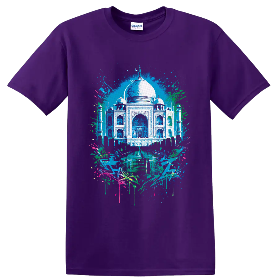 Taj Mahal watercolor illustration with minarets, reflecting pool, foliage, and paint on a Purple T Shirt