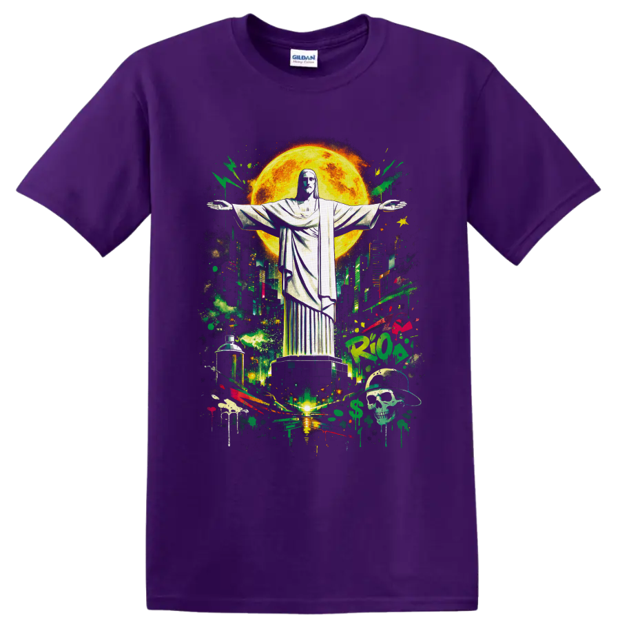 Christ the Redeemer over Rio skyline in neon graffiti art with a glowing moon on a Purple T Shirt