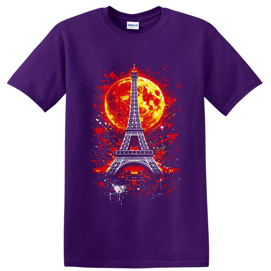 White Eiffel Tower with yellow moon and red graffiti splatter artwork on a Purple T Shirt
