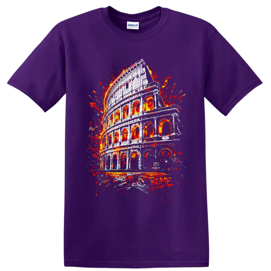 Roman Colosseum in fiery red graffiti-inspired architectural artwork on a Purple T Shirt