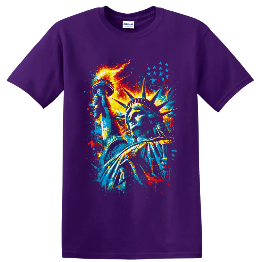 Statue of Liberty graffiti-style portrait with torch, stars, and paint splatters on a Purple T Shirt