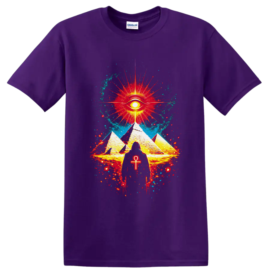 Mystical Egyptian-inspired pyramids, radiant eye, ankh figure, and cosmic splatter art on a Purple T Shirt