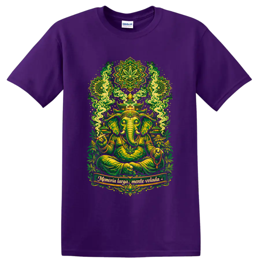 Psychedelic Ganesha meditation art with hemp leaves, temples, smoke, and green mandalas on a Purple T Shirt