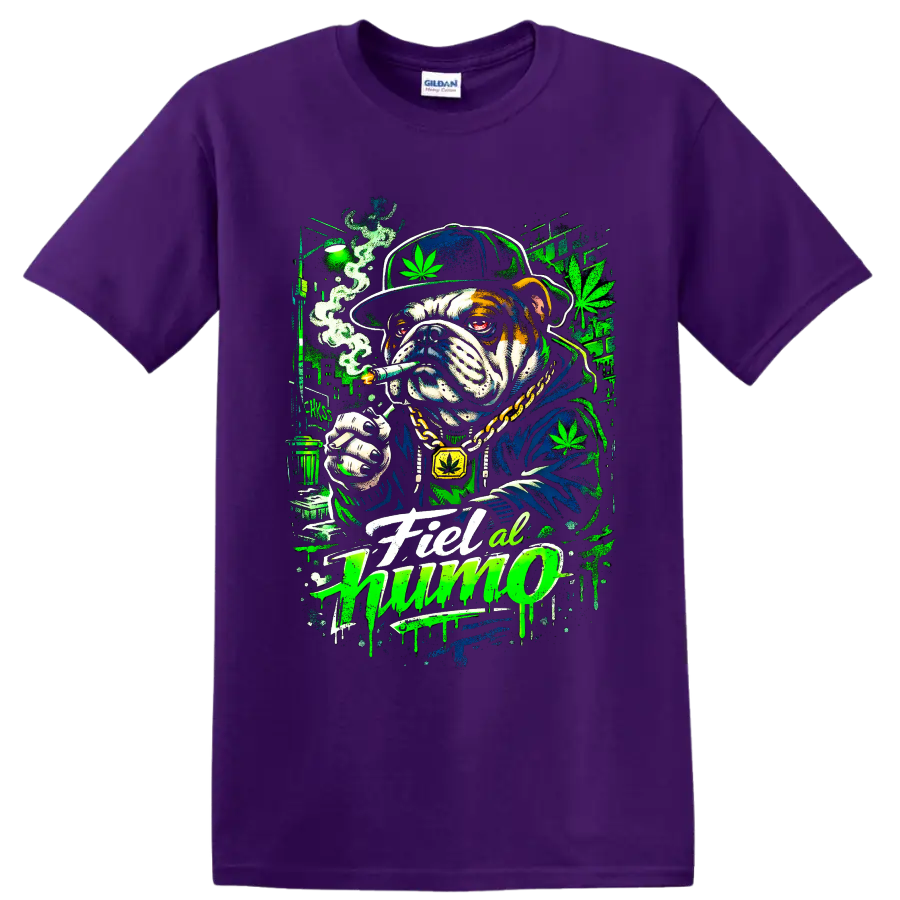 Cannabis bulldog smoking a joint in neon graffiti street art with Fiel al humo text on a Purple T Shirt