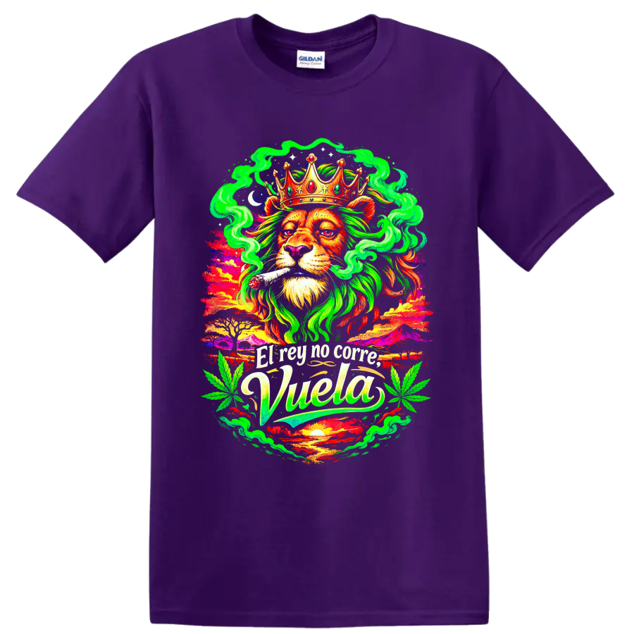 Psychedelic crowned lion with joint, cannabis leaves, smoke, and High Life text on a Purple T Shirt