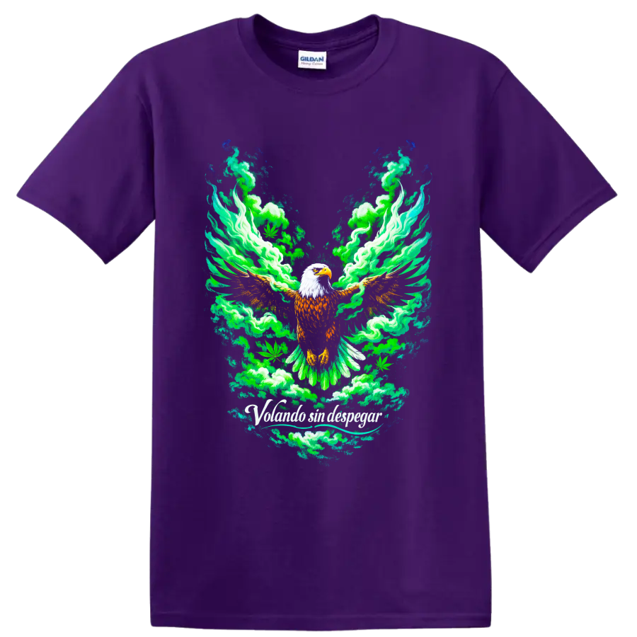 Bald eagle with green smoke and cannabis leaves in a psychedelic graphic illustration on a Purple T Shirt