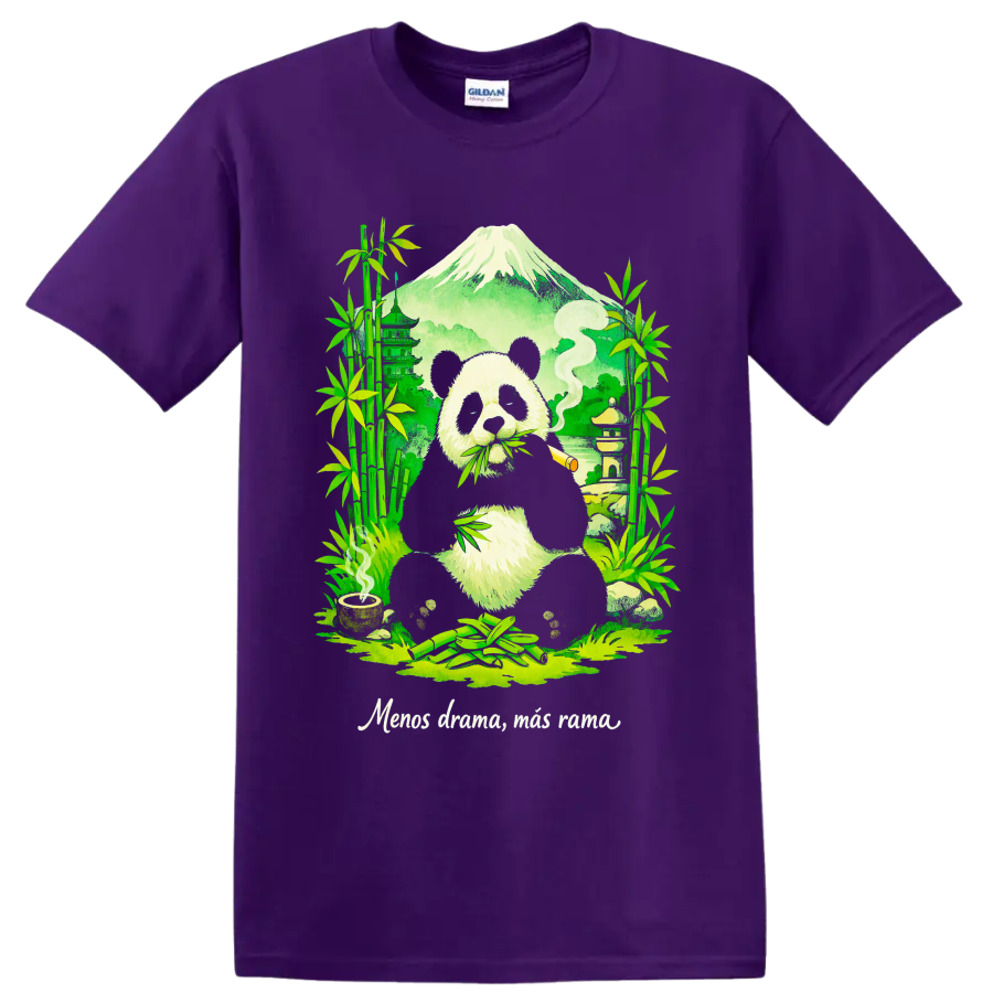 Cannabis panda illustration with bamboo, pagoda, mountain, and rolled smoke on a Purple T Shirt