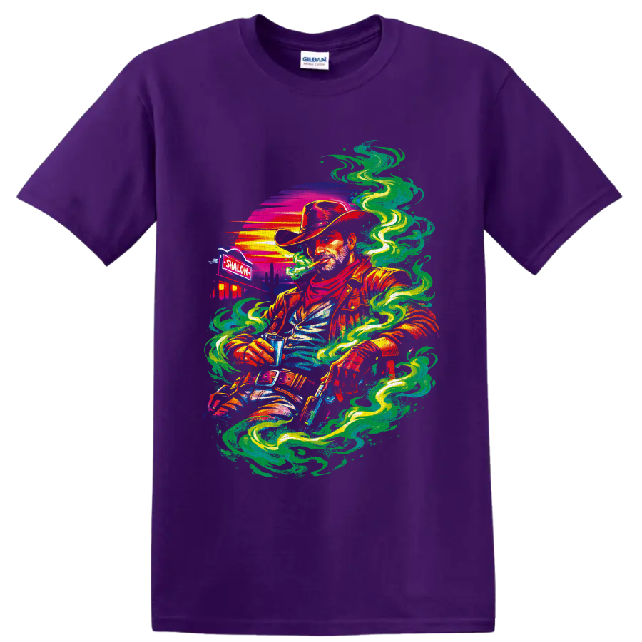 Psychedelic cannabis cowboy graphic with swirling smoke, desert sunset, and cacti on a Purple T Shirt