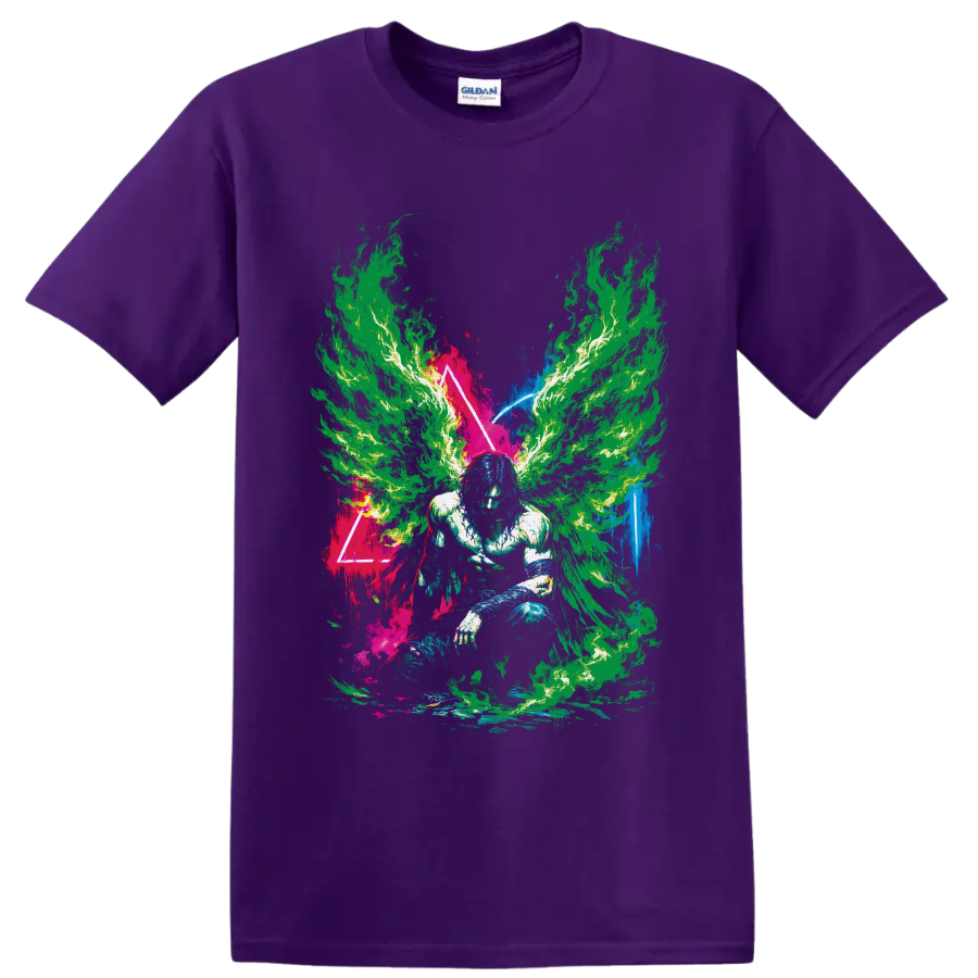 Neon flame-winged crouching figure in psychedelic paint-splatter triangle art on a Purple T Shirt