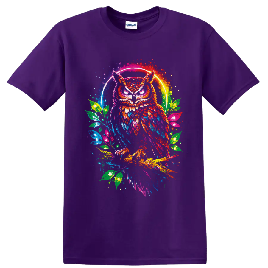 Neon rainbow horned owl on a branch with glowing leaves and circular halo on a Purple T Shirt
