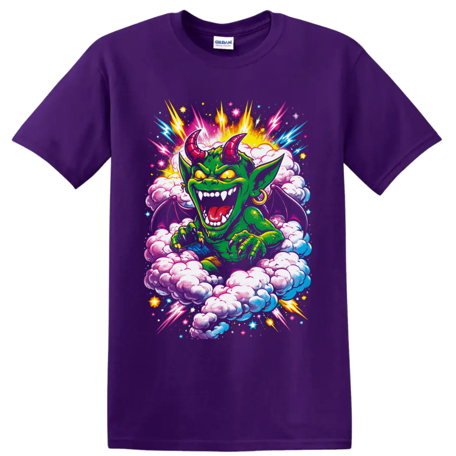 Psychedelic green horned goblin with neon lightning, wings, clouds, and stars on a Purple T Shirt