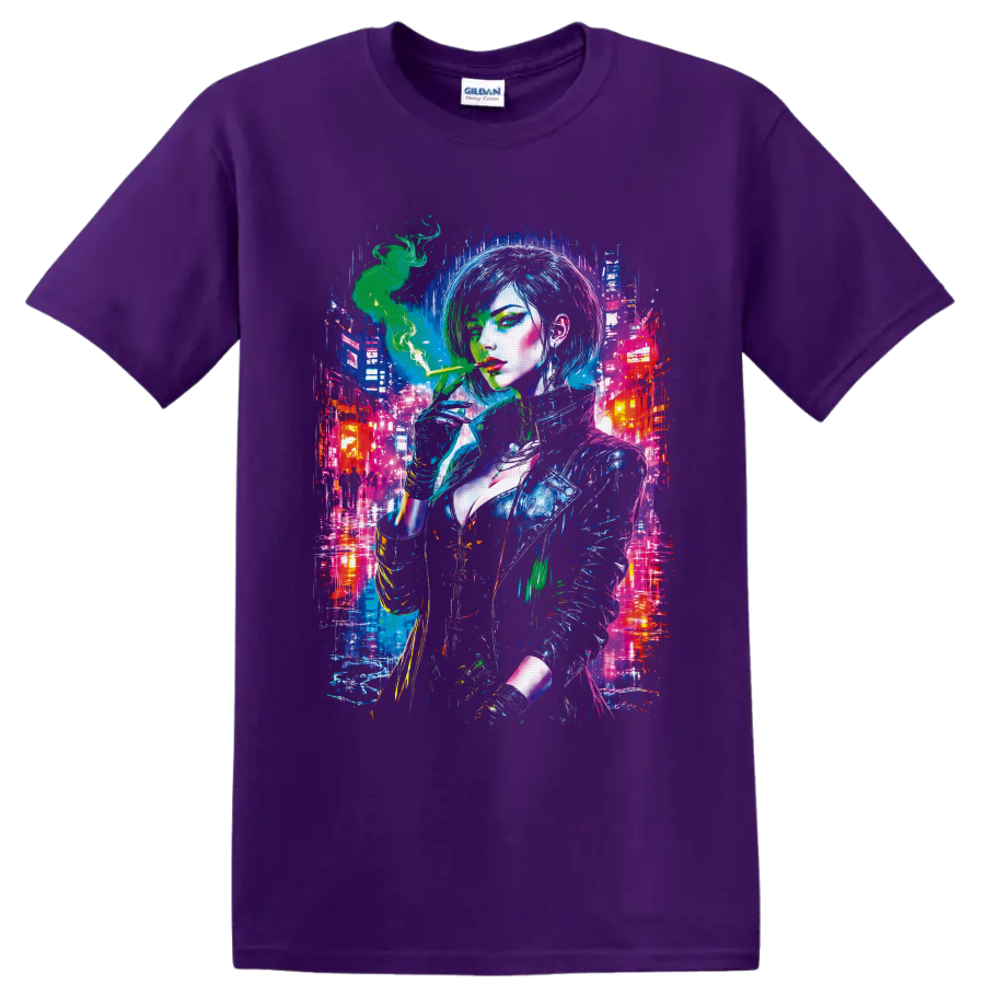 Cyberpunk woman with green smoke in a neon futuristic city graphic on a Purple T Shirt