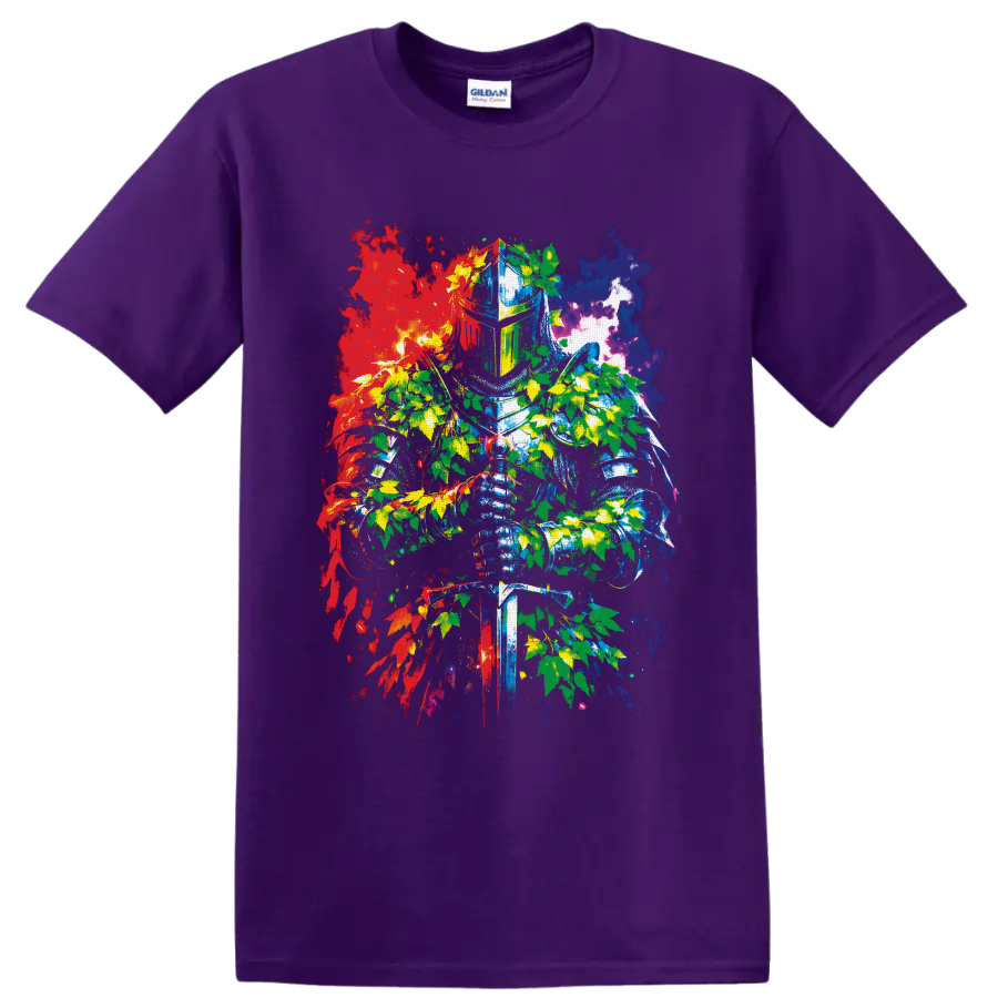 Medieval knight with sword, cannabis leaves, and colorful splatter graphic art on a Purple T Shirt