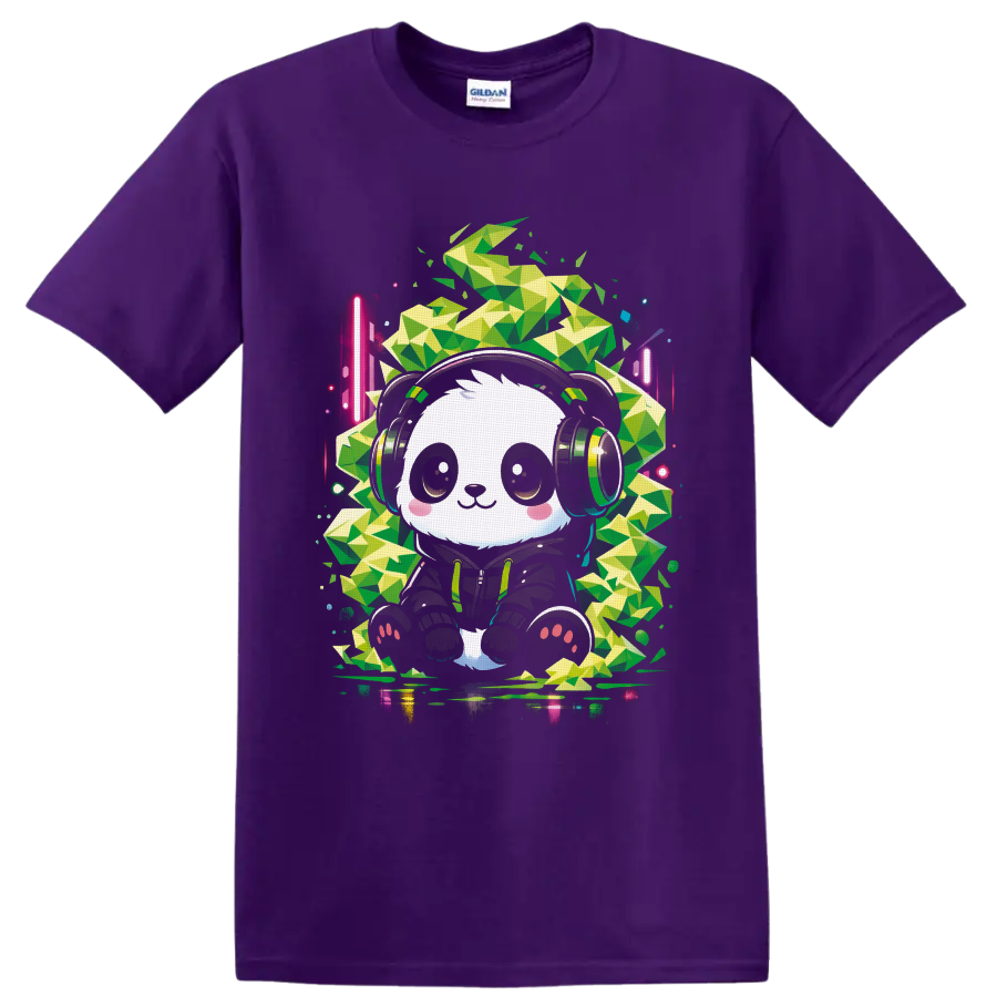 Cute panda DJ in headphones with neon geometric cannabis leaf art on a Purple T Shirt