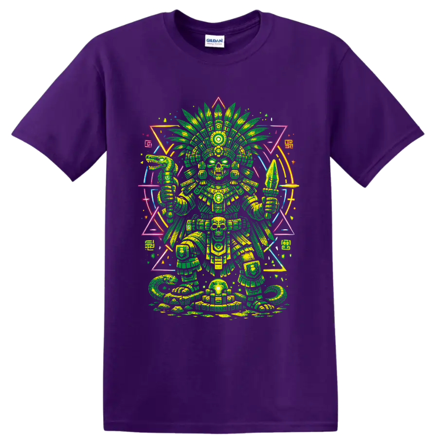 Aztec-inspired skeletal warrior with cannabis-leaf headdress and neon geometric art on a Purple T Shirt